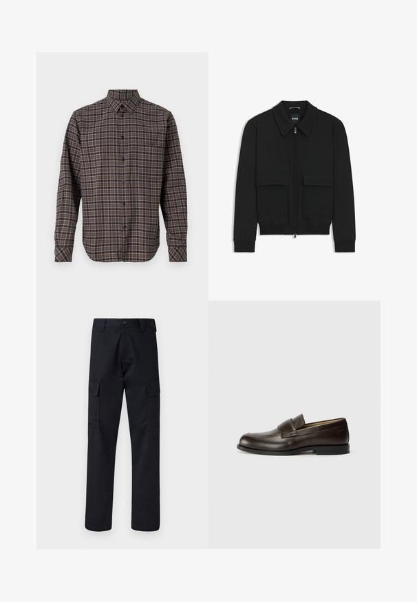 Schwarze Bikerjacke mit Kragen, Reißverschluss vorne und zwei großen Taschen mit Klappen. Mit Rippstrickbündchen und Saum, aus strukturiertem Stoff gefertigt.; Langärmliges Flanellhemd in Dunkelgrün mit einem karierten Muster in Rosa und Weiß, Knopfverschluss und einer einzelnen Brusttasche.; Schwarze Cargo-Hose aus robustem Stoff, mit geradem Bein, zwei Seitentaschen und einem Knopfverschluss am Bund.; Calvin Klein Slipper - cocoa brown