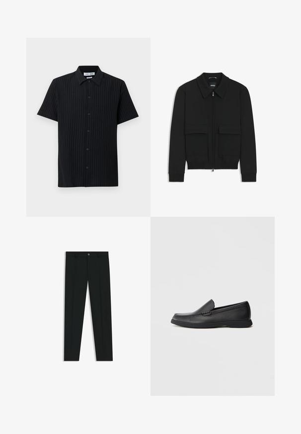 Giacca bomber nera con colletto, chiusura a zip frontale e due grandi tasche con patta. Presenta polsini e orlo a costine, realizzata in tessuto testurizzato.; Camicia nera a maniche corte con motivo a righe verticali testurizzate, chiusura con bottoni sulla parte anteriore e colletto classico, dal taglio morbido.; Pantaloni neri in tessuto lisci, con design a gamba dritta. Presentano una chiusura frontale con bottone e passanti per cintura. Senza fantasie.; Mocassino slip-on in pelle nera con sopra testurizzato, punta arrotondata, tacco basso e suola in gomma, mostrato in profilo laterale su sfondo bianco.