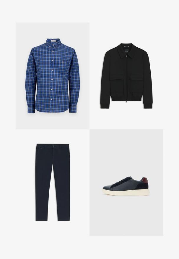 Giacca bomber nera con colletto, chiusura a zip frontale e due grandi tasche con patta. Presenta polsini e orlo a costine, realizzata in tessuto testurizzato.; Camicia a maniche lunghe blu a scacchi con colletto a bottoni, bottoni bianchi e piccolo logo sul petto sinistro. Materiale in cotone, vestibilità rilassata.; Pantaloni blu navy realizzati in tessuto leggero, con un design a gamba dritta, tasche laterali e chiusura frontale con bottone e dettaglio del marchio.; Sneaker da uomo a basso profilo in pelle nera e suede con linguetta sul tallone color bordeaux e suola in gomma bianca, vista dal lato esterno.