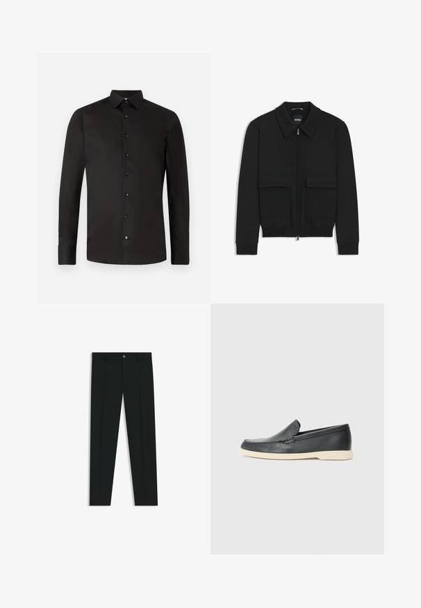 Black bomber jacket with a collared neck, zip front, and two large flap pockets. Features ribbed cuffs and hem, made of textured fabric.; Black long-sleeve shirt made of smooth fabric; features a spread collar, front buttons, and tailored cut. Simple, solid color with no patterns.; Black dress pants with a straight-leg design, made of smooth fabric. Features a front button closure and belt loops. Plain without patterns.; Black leather slip-on loafers with a textured finish and a contrasting beige rubber sole. Features a subtle accent along the front.