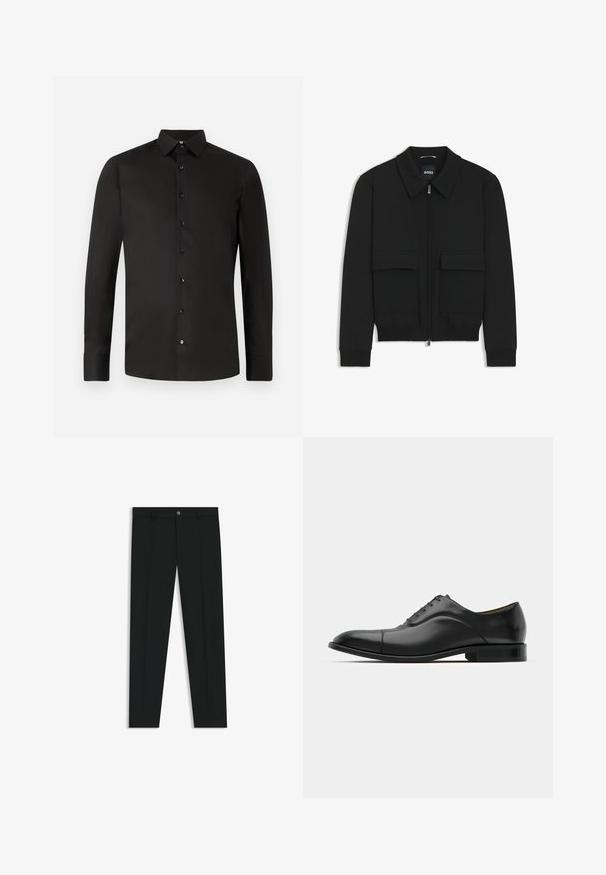 Schwarze Bikerjacke mit Kragen, Reißverschluss vorne und zwei großen Taschen mit Klappen. Mit Rippstrickbündchen und Saum, aus strukturiertem Stoff gefertigt.; Schwarzes Langarmhemd aus glattem Stoff; verfügt über einen Kentkragen, vordere Knöpfe und einen taillierten Schnitt. Einfach, einfarbig ohne Muster.; Schwarze Anzughosen mit geradem Bein, aus glattem Stoff. Mit Knopfverschluss vorne und Gürtelschlaufen. Schlicht ohne Muster.; Schwarze Leder-Dress-Schuhe mit glatter Textur, runder Zehenform und fünf Ösen. Sie verfügen über einen niedrigen, gestapelten Absatz und dezente Nahtdetails.