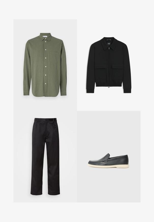 Sort bomberjakke med krave, lynlås foran og to store klaplommer. Har ribbede manchetter og bund, lavet af struktureret stof.; Langærmet skjorte i olivengrøn, tekstureret stof, knaplukning foran, enkelt brystlomme og klassisk krave.; Sorte bukser lavet af glat stof, med frontknaplukning, pressefolder og lige ben. Ingen synlige mønstre eller accenter.; Sorte læder slip-on loafers med en struktureret overflade og en kontrasterende beige gummisål. Har en subtil detalje langs forsiden.