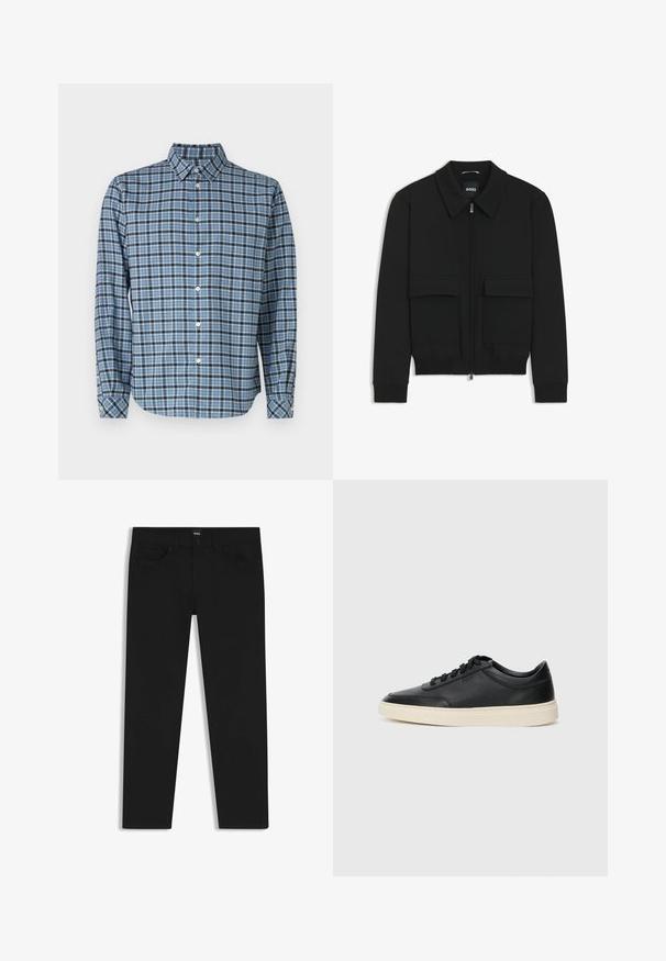 Black bomber jacket with a collared neck, zip front, and two large flap pockets. Features ribbed cuffs and hem, made of textured fabric.; Button-up shirt in woven cotton, blue and black plaid pattern, long sleeves, collar, white buttons, and adjustable cuffs.; Black denim trousers with a straight cut, featuring a standard waistband, five pockets, and a button closure. Smooth texture throughout.; Black low-top leather sneaker with black laces and off-white sole shown in side profile on white background.