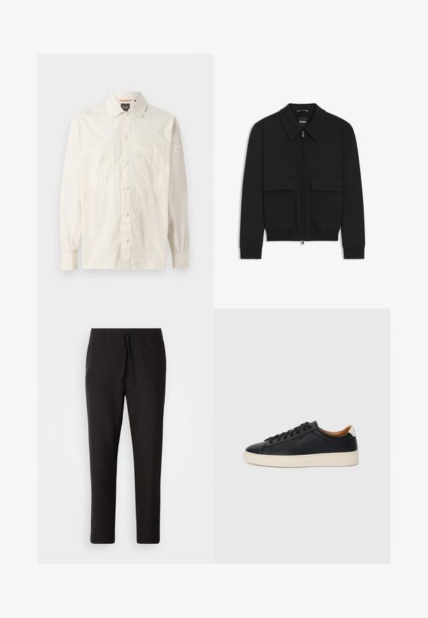 Zwarte bomberjack met een kraag, rits aan de voorkant en twee grote klepzakken. Heeft geribde manchetten en onderrand, gemaakt van textuurstof.; Beige langemouwshirt van lichtgewicht stof, met een knoopsluiting aan de voorkant, twee borstzakken en een merklabel op de mouw.; Zwarte joggingsbroek van gladde stof. Kenmerkt zich door een elastische tailleband met een trekkoord, taps toelopende benen en geen zichtbare zakken. Eenvoudig ontwerp.; Zwarte leren sneakers met een gladde textuur, beige rubberen zool, vetersluiting en een contrasterende hielaccent.