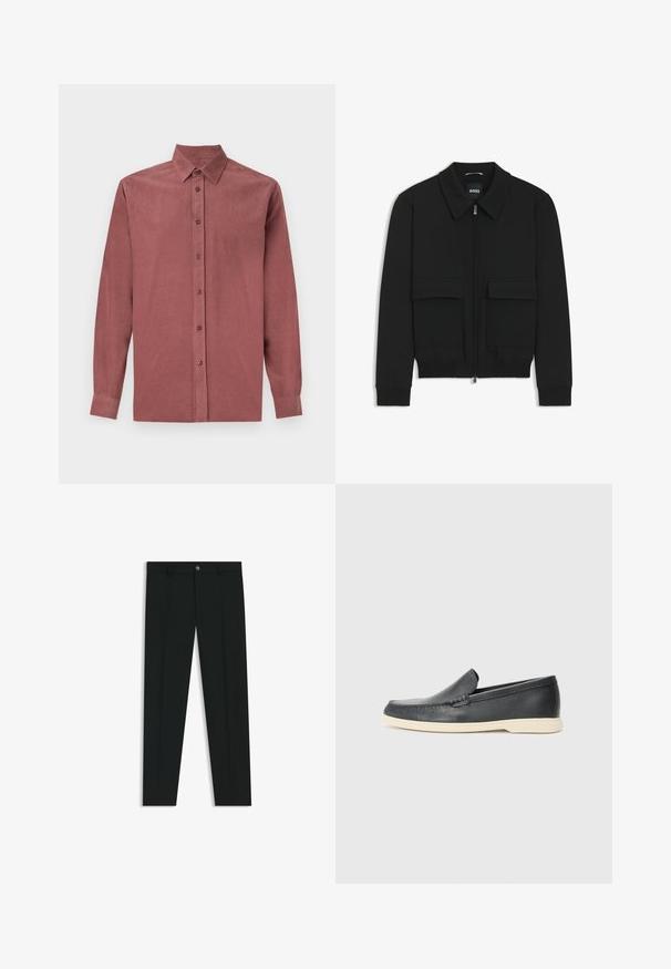 Schwarze Bikerjacke mit Kragen, Reißverschluss vorne und zwei großen Taschen mit Klappen. Mit Rippstrickbündchen und Saum, aus strukturiertem Stoff gefertigt.; Langärmliges Hemd aus dunkelrosafarbenem Stoff, mit Knopfverschluss, klassischem Kragen und gerippter Textur.; Schwarze Anzughosen mit geradem Bein, aus glattem Stoff. Mit Knopfverschluss vorne und Gürtelschlaufen. Schlicht ohne Muster.; Schwarze Leder-Slipper mit strukturiertem Finish und einer kontrastierenden beige Gummisohle. Mit einem dezenten Akzent an der Vorderseite.
