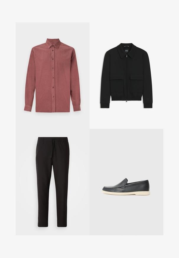 Schwarze Bikerjacke mit Kragen, Reißverschluss vorne und zwei großen Taschen mit Klappen. Mit Rippstrickbündchen und Saum, aus strukturiertem Stoff gefertigt.; Langärmliges Hemd aus dunkelrosafarbenem Stoff, mit Knopfverschluss, klassischem Kragen und gerippter Textur.; Schwarze Jogginghose aus glattem Stoff. Mit einem elastischen Bund und Kordelzug, schmal zulaufenden Beinen und ohne sichtbare Taschen. Einfaches Design.; Schwarze Leder-Slipper mit strukturiertem Finish und einer kontrastierenden beige Gummisohle. Mit einem dezenten Akzent an der Vorderseite.
