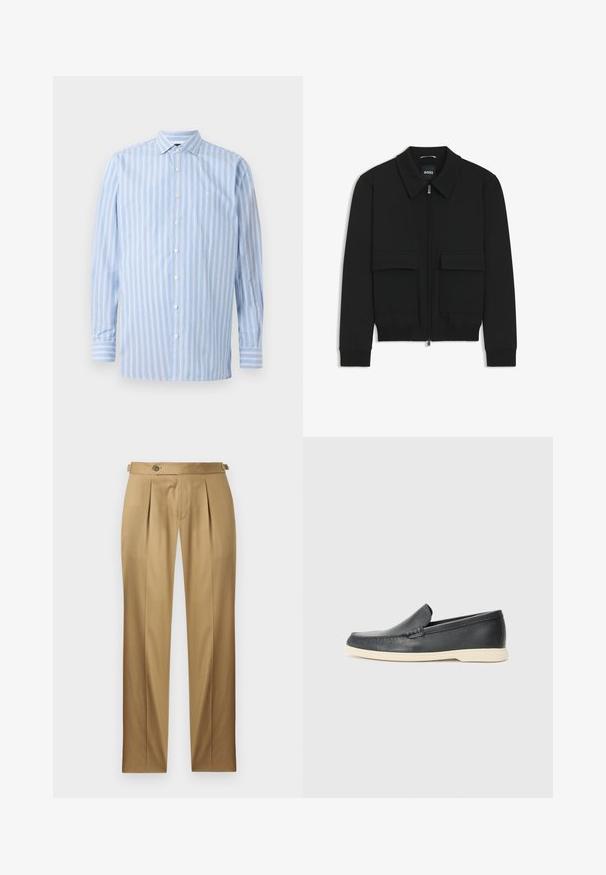 Giacca bomber nera con colletto, chiusura a zip frontale e due grandi tasche con patta. Presenta polsini e orlo a costine, realizzata in tessuto testurizzato.; Camicia a manica lunga di colore blu chiaro con righe verticali bianche e blu chiaro, con design a bottoni, colletto e un piccolo logo ricamato sul petto.; Pantaloni beige con vestibilità dritta, caratterizzati da pinces, chiusura con bottone e passanti per cintura. Tessuto liscio con un aspetto pulito e sartoriale.; Mocassini neri in pelle con finitura testurizzata e suola in gomma beige a contrasto. Presentano un accento sottile lungo la parte anteriore.