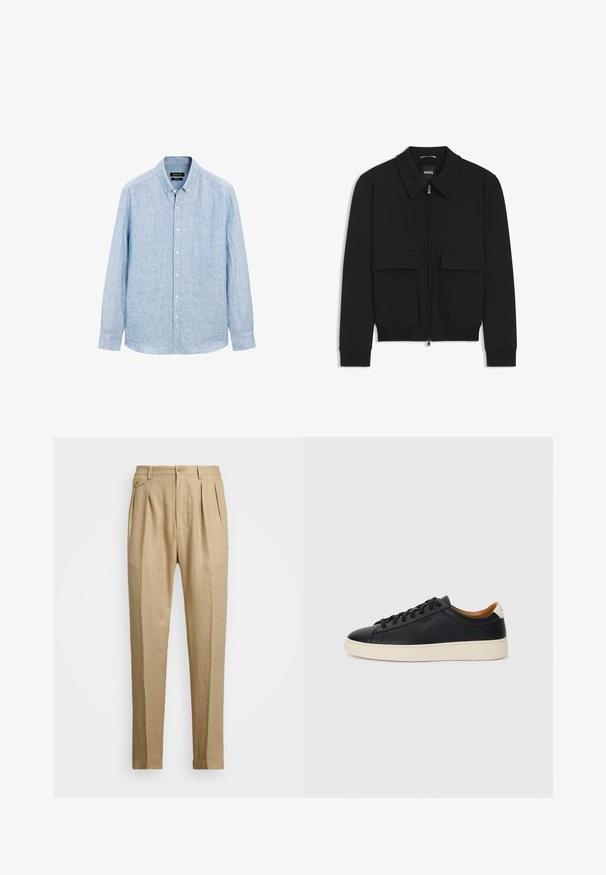 Zwarte bomberjack met een kraag, rits aan de voorkant en twee grote klepzakken. Heeft geribde manchetten en onderrand, gemaakt van textuurstof.; Lichtblauw, langärmelige button-up shirt gemaakt van een gestructureerde stof. Beschikt over een button-down kraag en een voorplacket met witte knopen.; Beige linnen broek met een rechte snit, voorzien van twee voorplooien, een knoopsluiting en zijzakken. Gestructureerde stof met een gladde afwerking.; Zwarte leren sneakers met een gladde textuur, beige rubberen zool, vetersluiting en een contrasterende hielaccent.