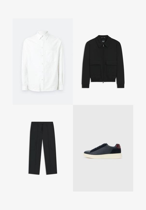 Musta pommikohva takki, jossa on kauluskulli, vetoketju etupuolella ja kaksi suurta läpällistä taskua. Varustettu ribbireunuksilla hihoissa ja helmassa, valmistettu teksturoituneesta kankaasta.; Valkoinen pitkähihaisen napillisen paidan, joka on valmistettu kevyestä kankaasta. Takissa on etutasku, klassinen kaulus ja hienovarainen tekstuuri.; Mustat cargo-housut, jotka on valmistettu nailonista. Ominaisuudet sisältävät joustavan vyötärönauhan, jossa on nyöri, sivutaskut ja tasainen etupuoli.; Miestne bežecké tenisky s nízkym strihom v čiernej koži a semišovej úprave s bordovým jazykom a bielou gumovou podrážkou, pohľad z vonkajšej strany.