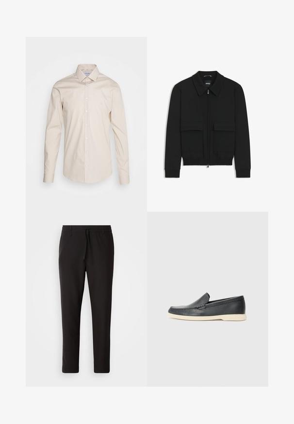 Zwarte bomberjack met een kraag, rits aan de voorkant en twee grote klepzakken. Heeft geribde manchetten en onderrand, gemaakt van textuurstof.; Beige overhemd met lange mouwen, gemaakt van soepel katoen, met een klassieke kraag, knoopsluiting aan de voorkant en een klein logo op de linkerborst.; Zwarte joggingsbroek van gladde stof. Kenmerkt zich door een elastische tailleband met een trekkoord, taps toelopende benen en geen zichtbare zakken. Eenvoudig ontwerp.; Zwarte leren instappers met een gestructureerde afwerking en een contrasterende beige rubberen zool. Beschikt over een subtiele accent langs de voorkant.