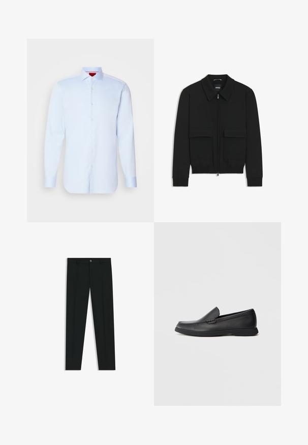 Zwarte bomberjack met een kraag, rits aan de voorkant en twee grote klepzakken. Heeft geribde manchetten en onderrand, gemaakt van textuurstof.; Lichtblauwe overhemd met lange mouwen, knoopsluiting en een spreidkraag, afgeronde onderkant en witte knopen. Glad stof met een subtiele glans.; Zwarte dresspants met een recht pasvorm, gemaakt van een gladde stof. Heeft een sluiting met een knoop aan de voorkant en ceintuurlussen. Effen zonder patronen.; Zwarte leren instaploafer met een textuur bovenwerk, ronde neus, lage hak en rubberen zool, weergegeven in zijprofiel op een witte achtergrond.