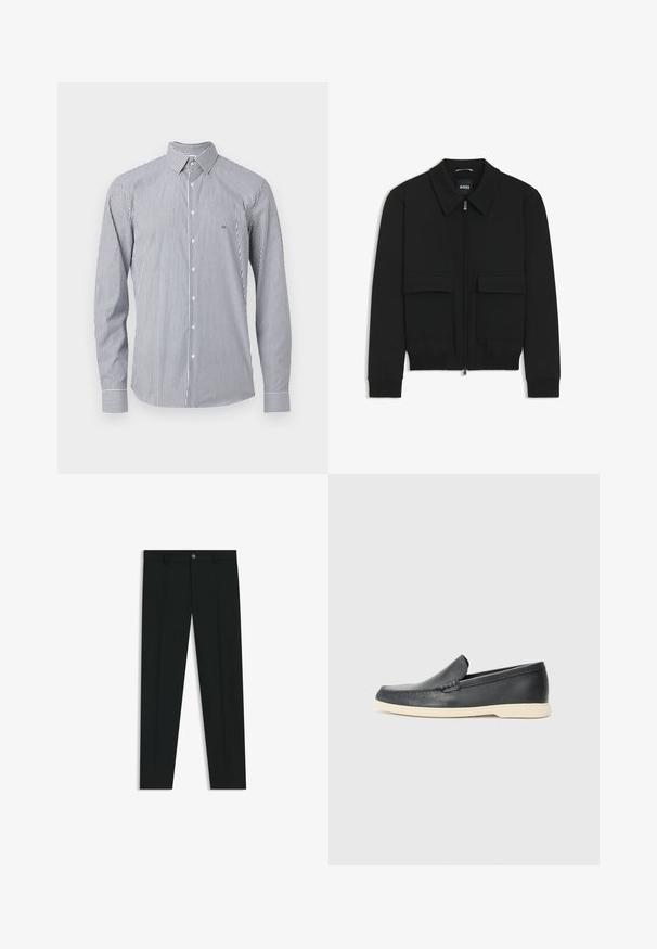 Zwarte bomberjack met een kraag, rits aan de voorkant en twee grote klepzakken. Heeft geribde manchetten en onderrand, gemaakt van textuurstof.; Gestreepte langarmshirt in marineblauw en wit, met een knoopsluiting aan de voorkant, puntige kraag en een enkele logoaccent op de borst.; Zwarte dresspants met een recht pasvorm, gemaakt van een gladde stof. Heeft een sluiting met een knoop aan de voorkant en ceintuurlussen. Effen zonder patronen.; Zwarte leren instappers met een gestructureerde afwerking en een contrasterende beige rubberen zool. Beschikt over een subtiele accent langs de voorkant.