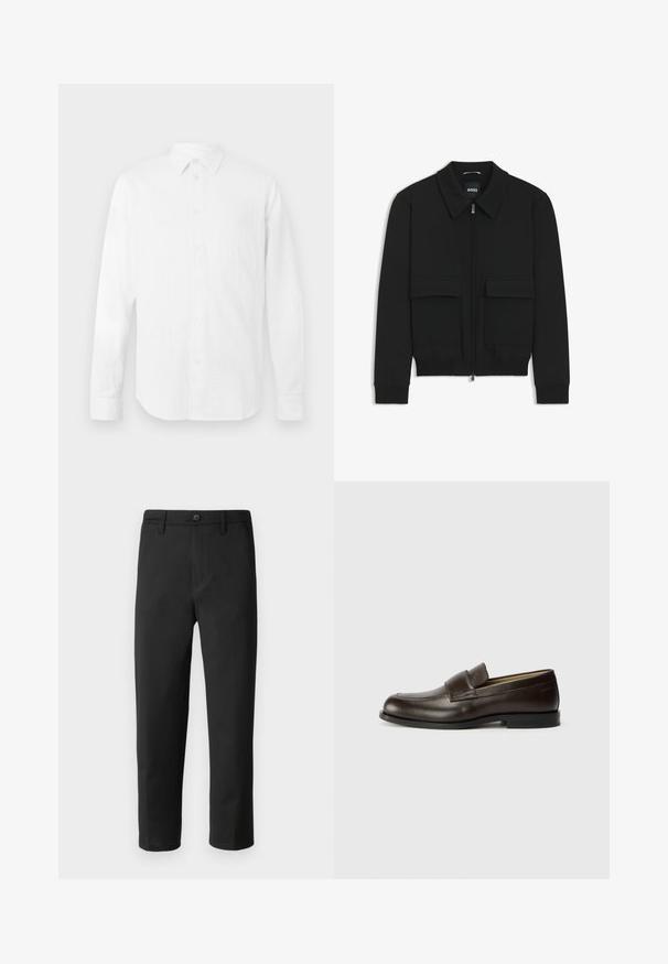 Svart bomberjacka med krage, dragkedja framtill och två stora klafffickor. Har ribbade mudd och nederkant, tillverkad av strukturerad tyg.; Vit långärmad skjorta i strukturerad tyg, med klassisk krage, knapplist fram och rak fåll, med en avslappnad passform.; Svarta byxor med rak skärning, tillverkade av ett mjukt tyg. Har knappstängning och bälteslöljer. Inga synliga mönster eller detaljer.; Calvin Klein Slip-ins - cocoa brown