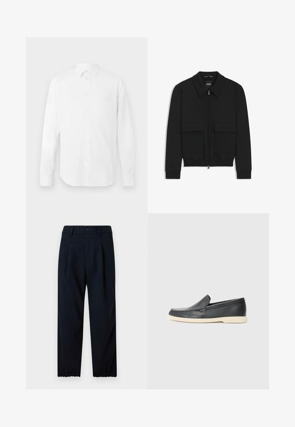 Sort bomberjakke med krave, lynlås foran og to store klaplommer. Har ribbede manchetter og bund, lavet af struktureret stof.; Hvid langærmet skjorte lavet af tekstureret stof, med klassisk krave, knaplukning foran og lige kant, i en afslappet pasform.; Navyblå bukser lavet af glat stof, med en tætsiddende talje med elastik og en tapered ben med elastiske manchetter ved anklerne.; Sorte læder slip-on loafers med en struktureret overflade og en kontrasterende beige gummisål. Har en subtil detalje langs forsiden.