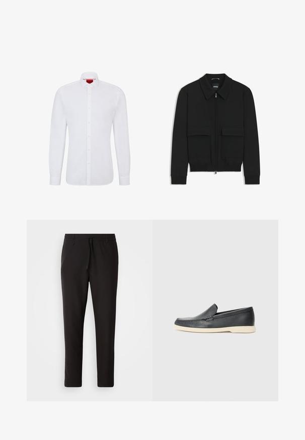 Chaqueta bomber negra con cuello tipo camisa, cierre frontal de cremallera y dos grandes bolsillos con solapa. Presenta puños ribeteados y dobladillo, confeccionada en tela texturizada.; Camisa blanca de manga larga de algodón con cierre de botones en la parte delantera, cuello clásico y una textura sutil, con un logo rojo en el interior del cuello.; Pantalones de chándal negros de tejido suave. Cuentan con una cintura elástica con cordón, piernas ajustadas y sin bolsillos visibles. Diseño sencillo.; Mocasines de piel negra sin cordones con un acabado texturizado y una suela de goma beige en contraste. Presentan un sutil acento en la parte frontal.