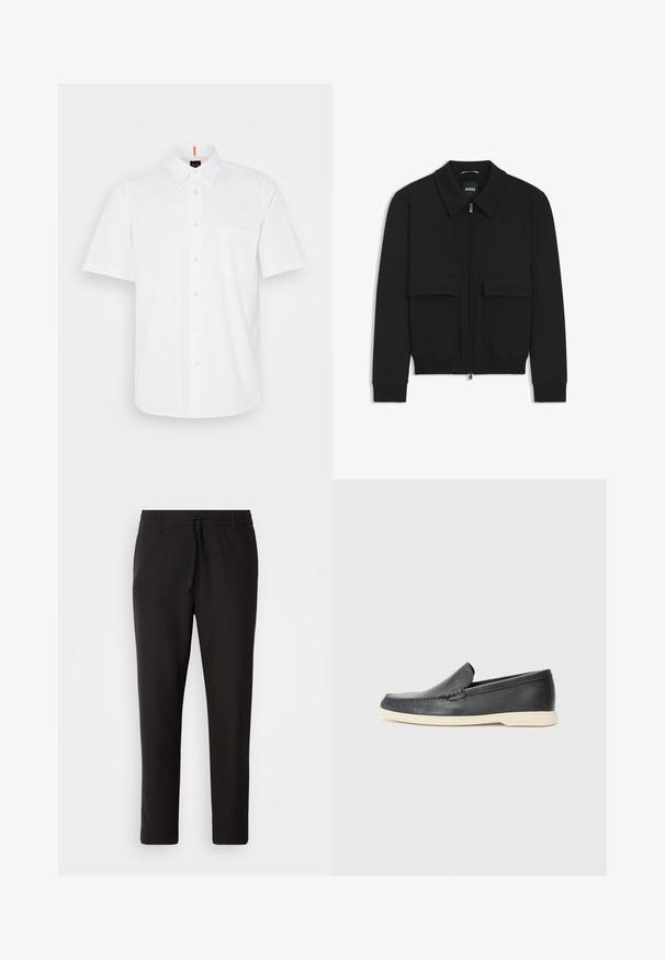 Schwarze Bikerjacke mit Kragen, Reißverschluss vorne und zwei großen Taschen mit Klappen. Mit Rippstrickbündchen und Saum, aus strukturiertem Stoff gefertigt.; Weißes Kurzarm-Hemd mit Knöpfen aus Baumwolle, ausgestattet mit einer einzigen Brusttasche, einem klassischen Kragen und dezenten Nähdetails.; Schwarze Jogginghose aus glattem Stoff. Mit einem elastischen Bund und Kordelzug, schmal zulaufenden Beinen und ohne sichtbare Taschen. Einfaches Design.; Schwarze Leder-Slipper mit strukturiertem Finish und einer kontrastierenden beige Gummisohle. Mit einem dezenten Akzent an der Vorderseite.