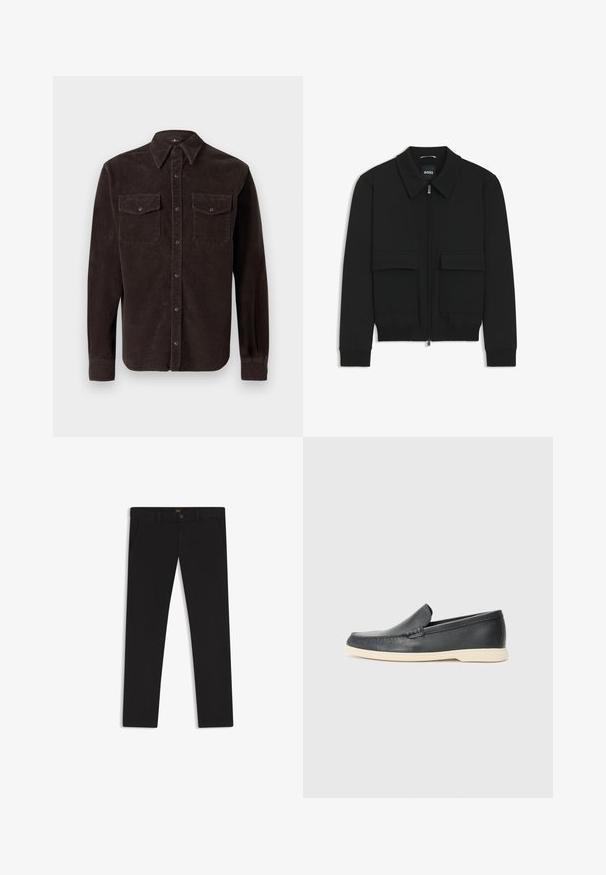 Giacca bomber nera con colletto, chiusura a zip frontale e due grandi tasche con patta. Presenta polsini e orlo a costine, realizzata in tessuto testurizzato.; Camicia in velluto a coste marrone con colletto classico, maniche lunghe, due tasche sul petto con chiusura a bottone e tessuto testurizzato.; Pantaloni neri realizzati in tessuto con una superficie liscia. Presentano una chiusura con bottone, passanti per cintura e tasche laterali. Design a gamba dritta standard.; Mocassini neri in pelle con finitura testurizzata e suola in gomma beige a contrasto. Presentano un accento sottile lungo la parte anteriore.