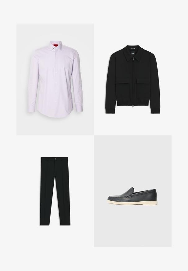 Black bomber jacket with a collared neck, zip front, and two large flap pockets. Features ribbed cuffs and hem, made of textured fabric.; Light purple long-sleeve shirt with a button-down collar, made of smooth fabric, featuring white buttons and a red logo on the inner collar.; Black dress pants with a straight-leg design, made of smooth fabric. Features a front button closure and belt loops. Plain without patterns.; Black leather slip-on loafers with a textured finish and a contrasting beige rubber sole. Features a subtle accent along the front.