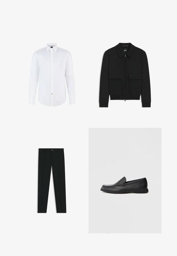Chaqueta bomber negra con cuello tipo camisa, cierre frontal de cremallera y dos grandes bolsillos con solapa. Presenta puños ribeteados y dobladillo, confeccionada en tela texturizada.; Camisa blanca de manga larga hecha de una tela suave, con cierre de botones en la parte delantera, cuello puntiagudo y dobladillo curvado. Acento notable de botón de marca.; Pantalones de vestir negros con un diseño de pierna recta, hechos de una tela suave. Cuentan con un cierre frontal de botón y lazos para cinturón. Liso, sin patrones.; Mocasín negro de cuero, sin cordones, con parte superior texturizada, punta redondeada, tacón bajo y suela de goma, mostrado en perfil lateral sobre un fondo blanco.