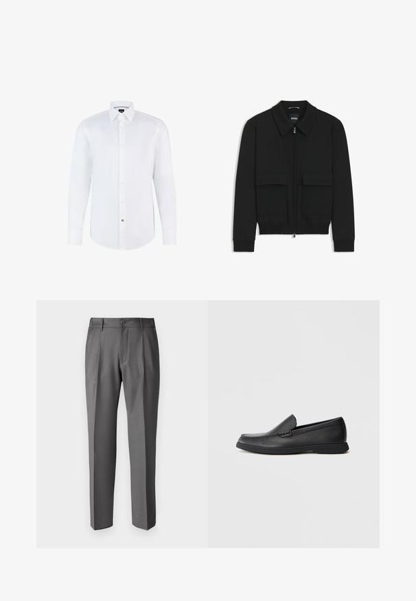 Zwarte bomberjack met een kraag, rits aan de voorkant en twee grote klepzakken. Heeft geribde manchetten en onderrand, gemaakt van textuurstof.; Witte lange mouwen overhemd gemaakt van gladde stof met een knoopsluiting aan de voorkant, puntige kraag en gebogen zoom. Opvallende merkknopaccenten.; DRYKORN LEEK - Broek - grey; Zwarte leren instaploafer met een textuur bovenwerk, ronde neus, lage hak en rubberen zool, weergegeven in zijprofiel op een witte achtergrond.