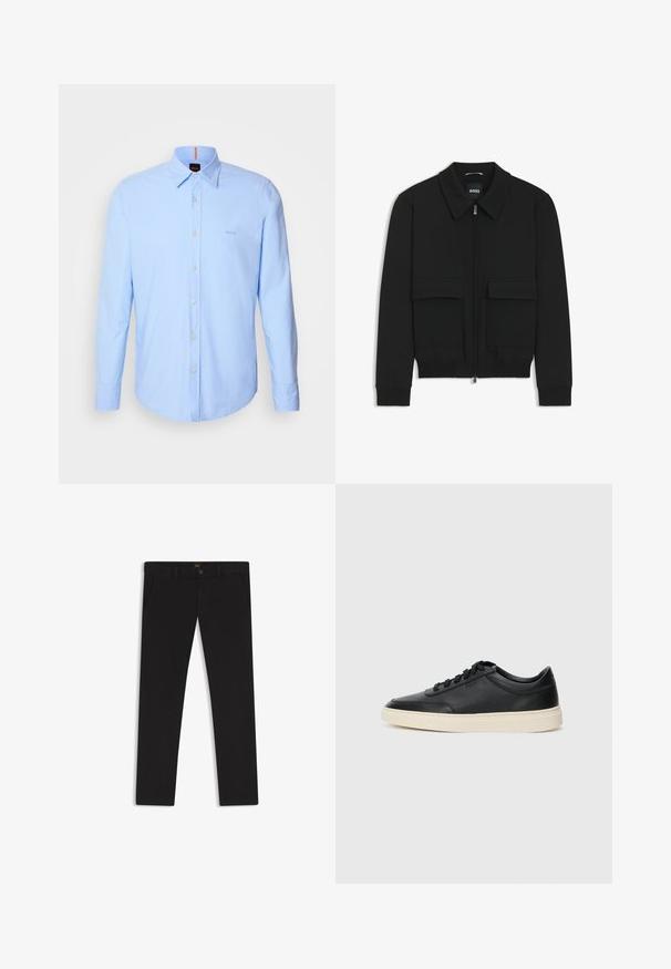 Zwarte bomberjack met een kraag, rits aan de voorkant en twee grote klepzakken. Heeft geribde manchetten en onderrand, gemaakt van textuurstof.; Lichtblauw langmouw shirt van katoen, met een button-down kraag, knoopsluiting aan de voorkant en subtiele logo borduursel op de borst.; Zwarte broek van stof met een gladde textuur. Bevat een knoopsluiting, riemlussen en zijzakken. Standaard straight-leg ontwerp.; Zwarte leren sneaker met lage schacht, zwarte veters en off-white zool, weergegeven in zijprofiel op een witte achtergrond.