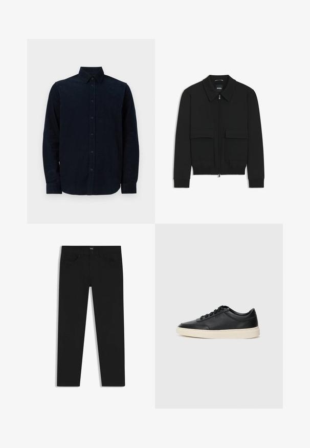 Giacca bomber nera con colletto, chiusura a zip frontale e due grandi tasche con patta. Presenta polsini e orlo a costine, realizzata in tessuto testurizzato.; Camicia a maniche lunghe di colore blu navy, realizzata in tessuto testurizzato, con chiusura frontale con bottoni, colletto a punta e polsini con bottoni.; Pantaloni in denim nero con taglio dritto, dotati di vita standard, cinque tasche e chiusura con bottone. Texture liscia su tutta la superficie.; Sneaker in pelle nera a basso profilo con lacci neri e suola avorio, mostrato di profilo su sfondo bianco.