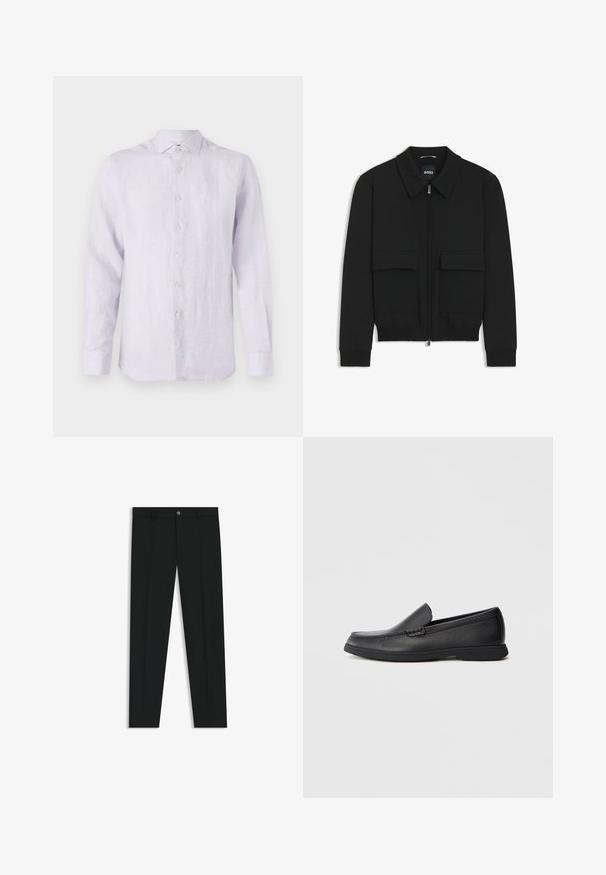 Czarna kurtka bomberka z kołnierzykiem, zapinana na zamek, z dwiema dużymi kieszeniami z klapami. Posiada ściągacze na mankietach i dole, wykonana z teksturowanej tkaniny.; Jasnolawendowa lniana koszula z długim rękawem, z kołnierzykiem zapinanym na guziki, guzikami z przodu oraz subtelną teksturą. Małe logo na piersi.; Czarne spodnie materiałowe z prostymi nogawkami, wykonane z gładkiego materiału. Posiadają zamek na guzik z przodu oraz szlufki na pasek. Gładkie, bez wzorów.; Czarne skórzane mokasyny wsuwane z teksturowaną cholewką, okrągłym noskiem, niskim obcasem i gumową podeszwą, przedstawione w profilu bocznym na białym tle.