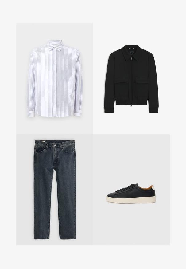 Giacca bomber nera con colletto, chiusura a zip frontale e due grandi tasche con patta. Presenta polsini e orlo a costine, realizzata in tessuto testurizzato.; Camicia con righe blu chiaro e bianche. Presenta un colletto puntuto, maniche lunghe e una tasca sul petto. Tessuto in cotone.; Jeans in denim blu scuro con un design a gamba dritta, cinque tasche e chiusura con bottone. Il tessuto presenta una leggera sfumatura e texture.; Sneakers in pelle nera con una texture liscia, suola in gomma beige, design con lacci e un accento del tacco in contrasto.