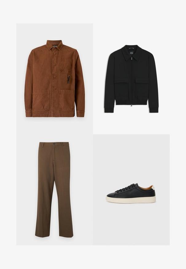Black bomber jacket with a collared neck, zip front, and two large flap pockets. Features ribbed cuffs and hem, made of textured fabric.; Brown canvas jacket with a collared neck, front buttons, two front patch pockets, and a small logo on the lower pocket.; Brown, straight-leg trousers made of textured fabric, featuring a button closure and standard waistband, with side pockets and tailored seams.; Black leather sneakers with a smooth texture, beige rubber sole, lace-up design, and a contrasting heel accent.