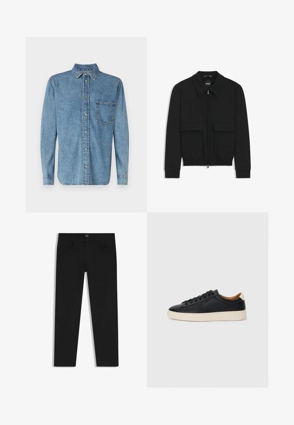 Giacca bomber nera con colletto, chiusura a zip frontale e due grandi tasche con patta. Presenta polsini e orlo a costine, realizzata in tessuto testurizzato.; Samsøe Samsøe DAMON - Camicia - medium stone; Pantaloni in denim nero con taglio dritto, dotati di vita standard, cinque tasche e chiusura con bottone. Texture liscia su tutta la superficie.; Sneakers in pelle nera con una texture liscia, suola in gomma beige, design con lacci e un accento del tacco in contrasto.