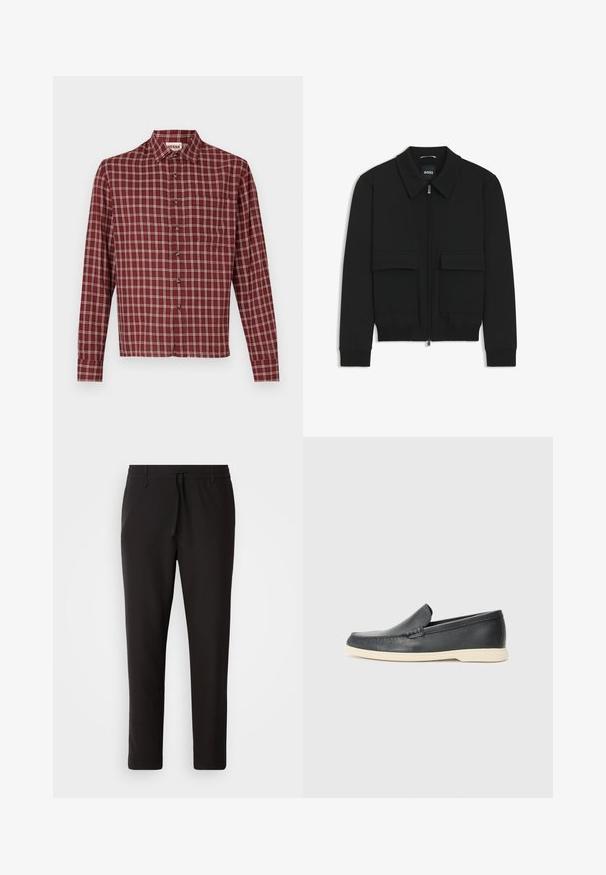 Black bomber jacket with a collared neck, zip front, and two large flap pockets. Features ribbed cuffs and hem, made of textured fabric.; Red checkered long-sleeve shirt with a pointed collar, button closure, and a chest pocket. Material appears soft with a slight texture.; Black jogger pants made of smooth fabric. Feature an elastic waistband with a drawstring, tapered legs, and no visible pockets. Simple design.; Black leather slip-on loafers with a textured finish and a contrasting beige rubber sole. Features a subtle accent along the front.