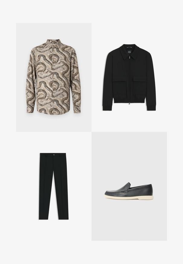 Black bomber jacket with a collared neck, zip front, and two large flap pockets. Features ribbed cuffs and hem, made of textured fabric.; Long-sleeve shirt in light beige with a snake skin pattern. Soft fabric, button-down front, and a classic collar design.; Black dress pants with a straight-leg design, made of smooth fabric. Features a front button closure and belt loops. Plain without patterns.; Black leather slip-on loafers with a textured finish and a contrasting beige rubber sole. Features a subtle accent along the front.