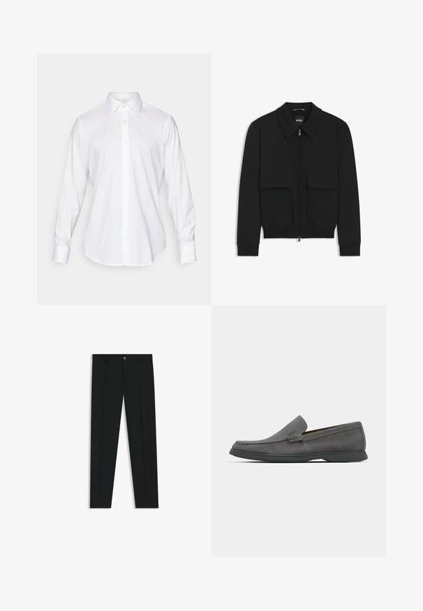 Musta pommikohva takki, jossa on kauluskulli, vetoketju etupuolella ja kaksi suurta läpällistä taskua. Varustettu ribbireunuksilla hihoissa ja helmassa, valmistettu teksturoituneesta kankaasta.; Valkoinen pitkähihaista napillista paitaa, jossa on klassinen kaulus, sileä kangas ja etupaneeli, jossa on vaaleat, pyöristetyt napit.; Musta housut, joissa on suora lahje, valmistettu sileästä kankaasta. Edessä nappisulku ja vyölenkit. Yksinkertainen ilman kuvioita.; Harmaat mokkasiinit, joissa on pyöreä kärki, ommeltu yksityiskohtaus ja matala kumipohja. Ominaisuuksia ovat liukukäyttöinen malli ilman näkyvää kiinnitystä.