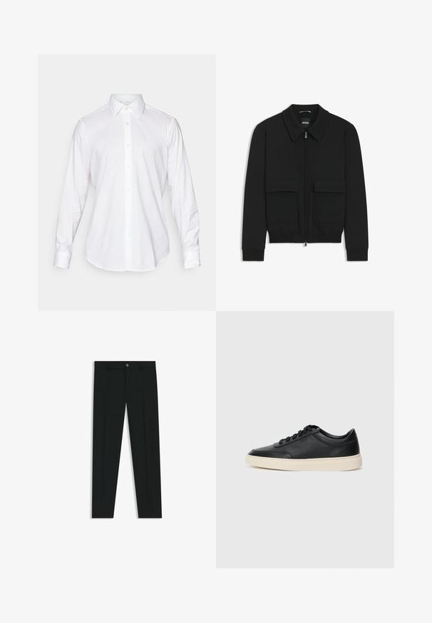Chaqueta bomber negra con cuello tipo camisa, cierre frontal de cremallera y dos grandes bolsillos con solapa. Presenta puños ribeteados y dobladillo, confeccionada en tela texturizada.; Camisa blanca de manga larga con cuello clásico, tejido suave y tapeta delantera que presenta botones redondeados claros.; Pantalones de vestir negros con un diseño de pierna recta, hechos de una tela suave. Cuentan con un cierre frontal de botón y lazos para cinturón. Liso, sin patrones.; Zapatilla negra de piel de caña baja con cordones negros y suela color crema, mostrada en perfil lateral sobre fondo blanco.
