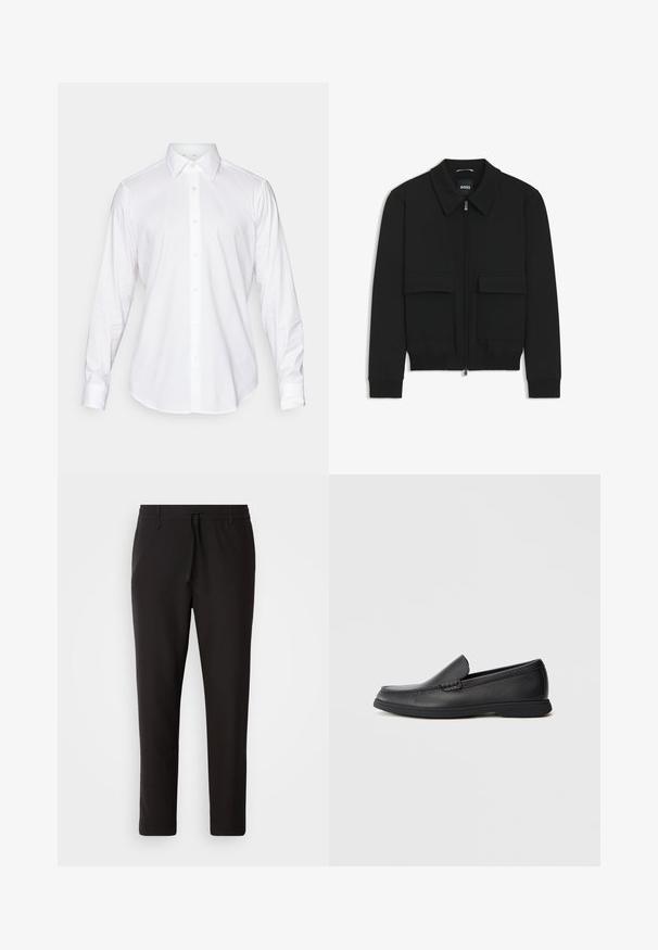 Chaqueta bomber negra con cuello tipo camisa, cierre frontal de cremallera y dos grandes bolsillos con solapa. Presenta puños ribeteados y dobladillo, confeccionada en tela texturizada.; Camisa blanca de manga larga con cuello clásico, tejido suave y tapeta delantera que presenta botones redondeados claros.; Pantalones de chándal negros de tejido suave. Cuentan con una cintura elástica con cordón, piernas ajustadas y sin bolsillos visibles. Diseño sencillo.; Mocasín negro de cuero, sin cordones, con parte superior texturizada, punta redondeada, tacón bajo y suela de goma, mostrado en perfil lateral sobre un fondo blanco.