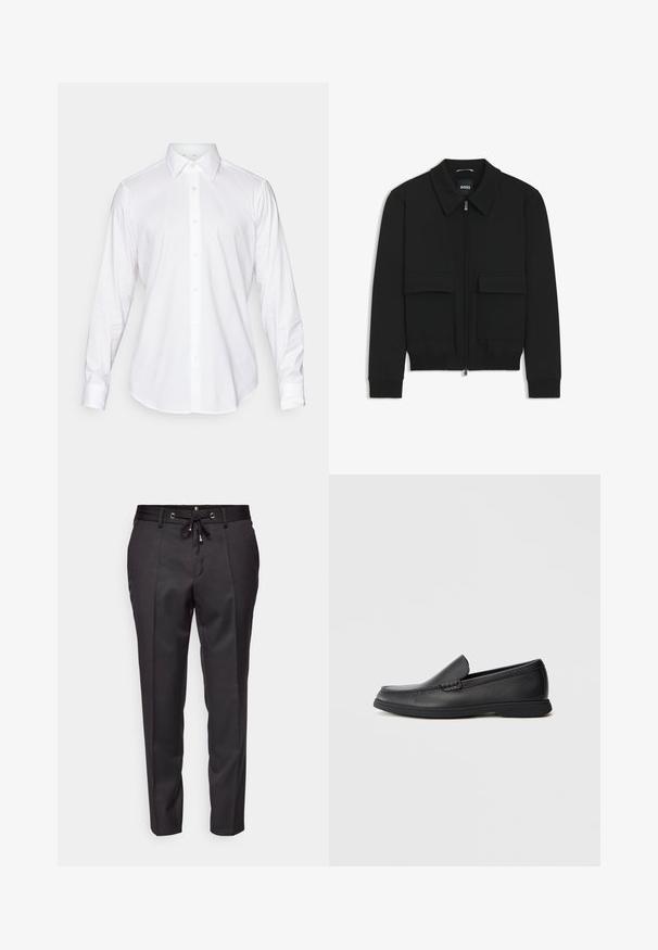Musta pommikohva takki, jossa on kauluskulli, vetoketju etupuolella ja kaksi suurta läpällistä taskua. Varustettu ribbireunuksilla hihoissa ja helmassa, valmistettu teksturoituneesta kankaasta.; Valkoinen pitkähihaista napillista paitaa, jossa on klassinen kaulus, sileä kangas ja etupaneeli, jossa on vaaleat, pyöristetyt napit.; Musta muotitettu housut, joissa on narulla säädettävä vyötärö, laskostettu etuosa ja käänteet. Valmistettu sileästä kankaasta, jossa on jämäkkä istuvuus.; Musta nahkainen liukuvi loafer, jossa on tekstuuripinta, pyöreä kärki, matala korko ja kumipohja, esitelty sivuprofiilissa valkoisella taustalla.