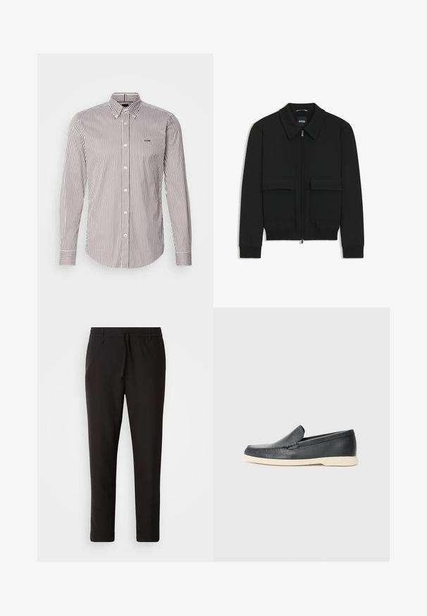 Giacca bomber nera con colletto, chiusura a zip frontale e due grandi tasche con patta. Presenta polsini e orlo a costine, realizzata in tessuto testurizzato.; BOSS ROAN SLIM FIT - Camicia - brown; Pantaloni jogger neri realizzati in tessuto liscio. Presentano una vita elasticizzata con stringa, gambe affusolate e senza tasche visibili. Design semplice.; Mocassini neri in pelle con finitura testurizzata e suola in gomma beige a contrasto. Presentano un accento sottile lungo la parte anteriore.