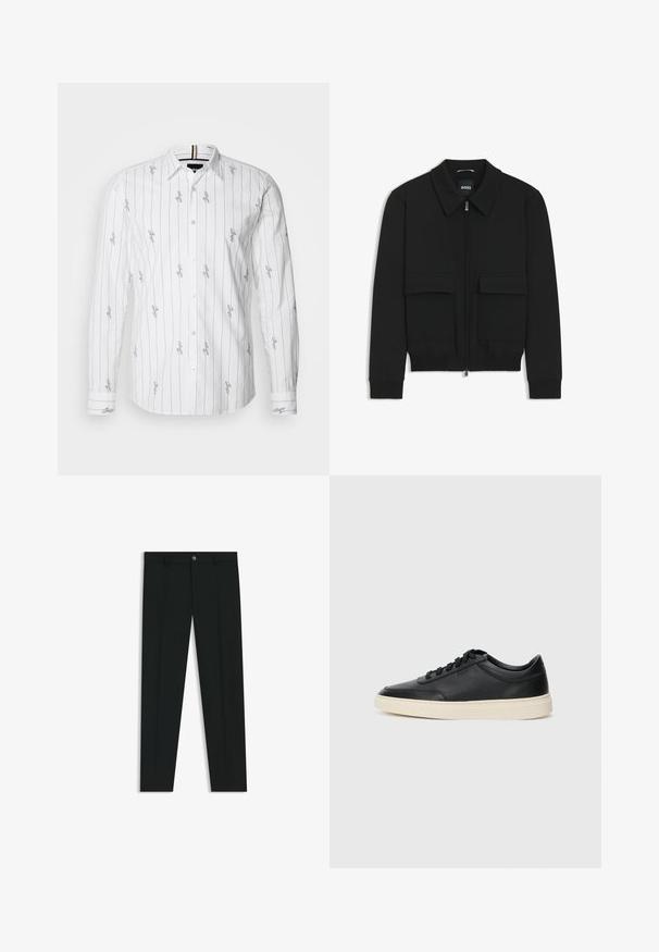 Svart bomberjacka med krage, dragkedja framtill och två stora klafffickor. Har ribbade mudd och nederkant, tillverkad av strukturerad tyg.; Vit långärmad skjorta med vertikala svarta ränder och tryckta signaturer. Klassisk krage och knäppning fram, med en texturerad tyg.; Svarta dressbyxor med rak bendesign, gjorda av ett mjukt tyg. Har stängning med frontknapp och bälteshällor. Enfärgade utan mönster.; Svart låg skor i läder med svarta snören och off-white sula, visas i sidoprofil på vit bakgrund.