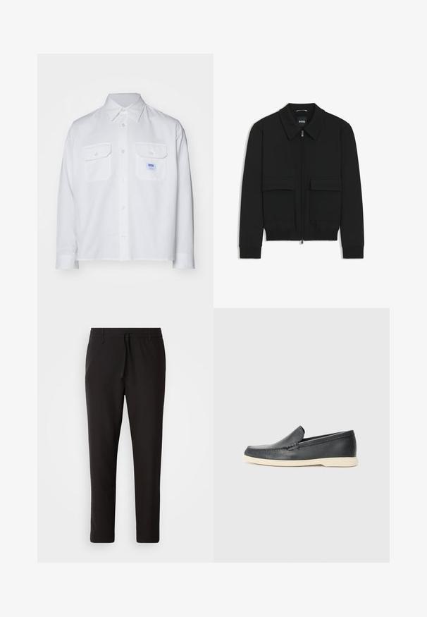 Black bomber jacket with a collared neck, zip front, and two large flap pockets. Features ribbed cuffs and hem, made of textured fabric.; White long-sleeve shirt made of cotton, featuring two chest pockets and a button-down collar. Includes a small blue brand label on the left pocket.; Black jogger pants made of smooth fabric. Feature an elastic waistband with a drawstring, tapered legs, and no visible pockets. Simple design.; Black leather slip-on loafers with a textured finish and a contrasting beige rubber sole. Features a subtle accent along the front.