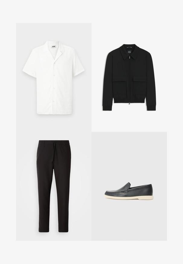 Black bomber jacket with a collared neck, zip front, and two large flap pockets. Features ribbed cuffs and hem, made of textured fabric.; Short-sleeve white shirt made of lightweight fabric, featuring a collar and five front buttons, with a smooth texture. No patterns or accents.; Black jogger pants made of smooth fabric. Feature an elastic waistband with a drawstring, tapered legs, and no visible pockets. Simple design.; Black leather slip-on loafers with a textured finish and a contrasting beige rubber sole. Features a subtle accent along the front.