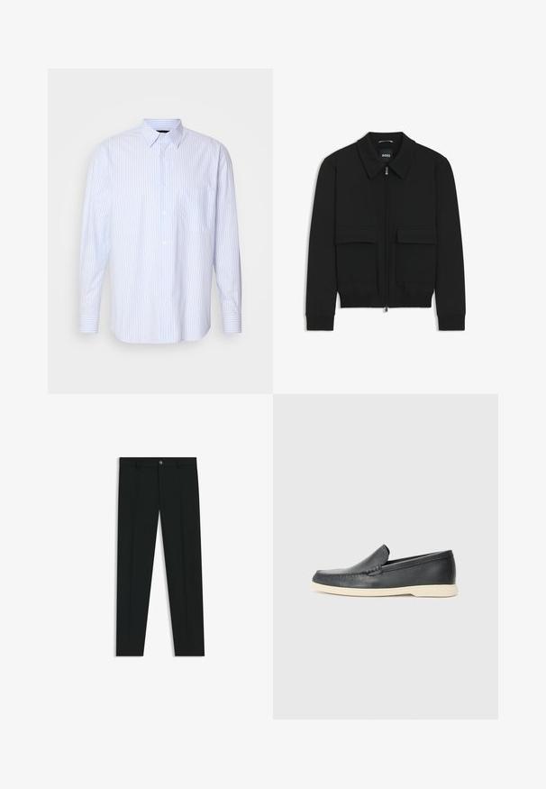 Zwarte bomberjack met een kraag, rits aan de voorkant en twee grote klepzakken. Heeft geribde manchetten en onderrand, gemaakt van textuurstof.; Lichtblauw en wit gestreept overhemd met lange mouwen, een button-down kraag, een borstzak en manchetten met één knoop. Gemaakt van katoen.; Zwarte dresspants met een recht pasvorm, gemaakt van een gladde stof. Heeft een sluiting met een knoop aan de voorkant en ceintuurlussen. Effen zonder patronen.; Zwarte leren instappers met een gestructureerde afwerking en een contrasterende beige rubberen zool. Beschikt over een subtiele accent langs de voorkant.