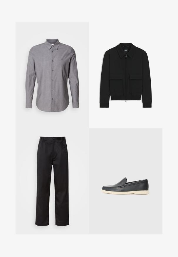 Schwarze Bikerjacke mit Kragen, Reißverschluss vorne und zwei großen Taschen mit Klappen. Mit Rippstrickbündchen und Saum, aus strukturiertem Stoff gefertigt.; Grau gestreiftes Langarmhemd aus Baumwolle, mit button-down Kragen und einem Logo auf der linken Brust. Schlanke Passform.; Schwarze Hosen aus glattem Stoff, mit einem Knopfverschluss vorne, Falten und geraden Beinen. Keine sichtbaren Muster oder Akzente.; Schwarze Leder-Slipper mit strukturiertem Finish und einer kontrastierenden beige Gummisohle. Mit einem dezenten Akzent an der Vorderseite.