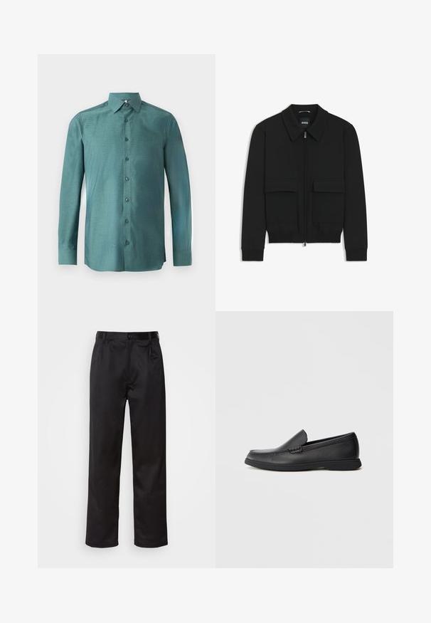 Giacca bomber nera con colletto, chiusura a zip frontale e due grandi tasche con patta. Presenta polsini e orlo a costine, realizzata in tessuto testurizzato.; Camicia a maniche lunghe in tessuto teal con una trama texturizzata, chiusura frontale con bottoni, colletto asola e bottoni abbinati. Design leggermente aderente.; Pantaloni neri realizzati in tessuto morbido, con chiusura frontale a bottone, pieghe e gambe dritte. Nessun motivo o accento visibile.; Mocassino slip-on in pelle nera con sopra testurizzato, punta arrotondata, tacco basso e suola in gomma, mostrato in profilo laterale su sfondo bianco.