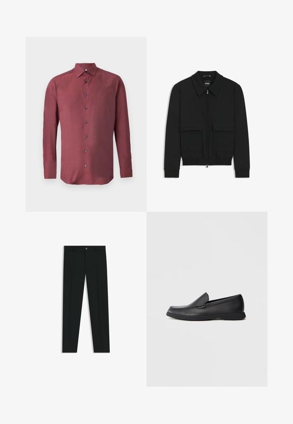 Sort bomberjakke med krave, lynlås foran og to store klaplommer. Har ribbede manchetter og bund, lavet af struktureret stof.; Skjorte med lange ærmer og knapper i bordeauxstof med et tekstureret mønster og mørkeblå knapper; har spidse kraver og lige kant.; Sorte dressbukser med lige ben-design, lavet af glat stof. Har en frontlukning med knap og bæltestropper. Enkle uden mønstre.; Sort læder slip-on loafers med tekstureret overdel, rund tå, lav hæl og gummisål, vist i sideprofil på hvid baggrund.