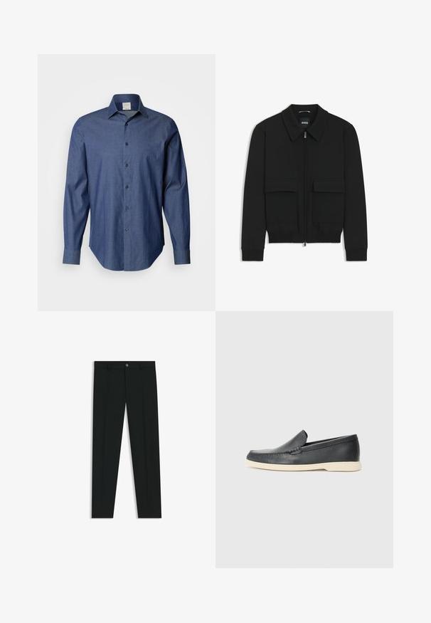 Zwarte bomberjack met een kraag, rits aan de voorkant en twee grote klepzakken. Heeft geribde manchetten en onderrand, gemaakt van textuurstof.; Donkerblauw button-up shirt van stof met een subtiele textuur. Heeft een spreidkraag en lange mouwen met knopenmanchetten.; Zwarte dresspants met een recht pasvorm, gemaakt van een gladde stof. Heeft een sluiting met een knoop aan de voorkant en ceintuurlussen. Effen zonder patronen.; Zwarte leren instappers met een gestructureerde afwerking en een contrasterende beige rubberen zool. Beschikt over een subtiele accent langs de voorkant.