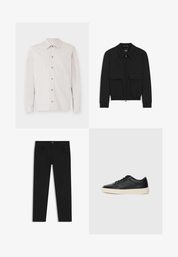 Sort bomberjakke med krave, lynlås foran og to store klaplommer. Har ribbede manchetter og bund, lavet af struktureret stof.; Lys beige skjorte med krave, lange ærmer, en brystlomme og tekstureret stof. Har seks knapper ned langs fronten.; Sorte denimbukser med lige pasform, der har en standard talje, fem lommer og en knaplukning. Glat struktur over det hele.; Sort lavt top lædersneaker med sorte snørebånd og off-white sål vist i sideprofil på hvid baggrund.