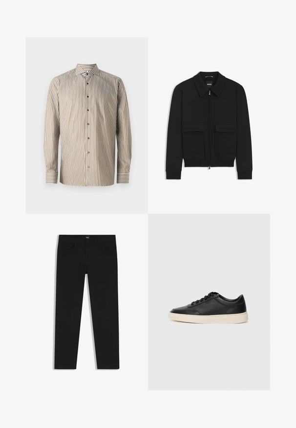 Black bomber jacket with a collared neck, zip front, and two large flap pockets. Features ribbed cuffs and hem, made of textured fabric.; Striped button-up shirt in brown and white, long sleeves, classic collar, features vertical stripes and contrasting cuff detailing.; Black denim trousers with a straight cut, featuring a standard waistband, five pockets, and a button closure. Smooth texture throughout.; Black low-top leather sneaker with black laces and off-white sole shown in side profile on white background.