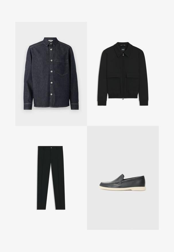 Black bomber jacket with a collared neck, zip front, and two large flap pockets. Features ribbed cuffs and hem, made of textured fabric.; Dark denim shirt with a collared neck, long sleeves, front pocket, and silver buttons, characterized by a sturdy texture and straight hem.; Black dress pants with a straight-leg design, made of smooth fabric. Features a front button closure and belt loops. Plain without patterns.; Black leather slip-on loafers with a textured finish and a contrasting beige rubber sole. Features a subtle accent along the front.