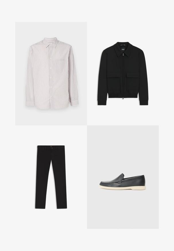 Schwarze Bikerjacke mit Kragen, Reißverschluss vorne und zwei großen Taschen mit Klappen. Mit Rippstrickbündchen und Saum, aus strukturiertem Stoff gefertigt.; Langarm-Hemd mit Knöpfen in Weiß mit vertikalen Streifen in Pink, Blau und Grün. Verfügt über einen klassischen Kragen und eine einzelne Brusttasche.; Schwarze Hosen aus einem Stoff mit glatter текстуре. Verfügt über einen Knopfverschluss, Gürtelschlaufen und Seitentaschen. Klassisches Design mit geradem Bein.; Schwarze Leder-Slipper mit strukturiertem Finish und einer kontrastierenden beige Gummisohle. Mit einem dezenten Akzent an der Vorderseite.
