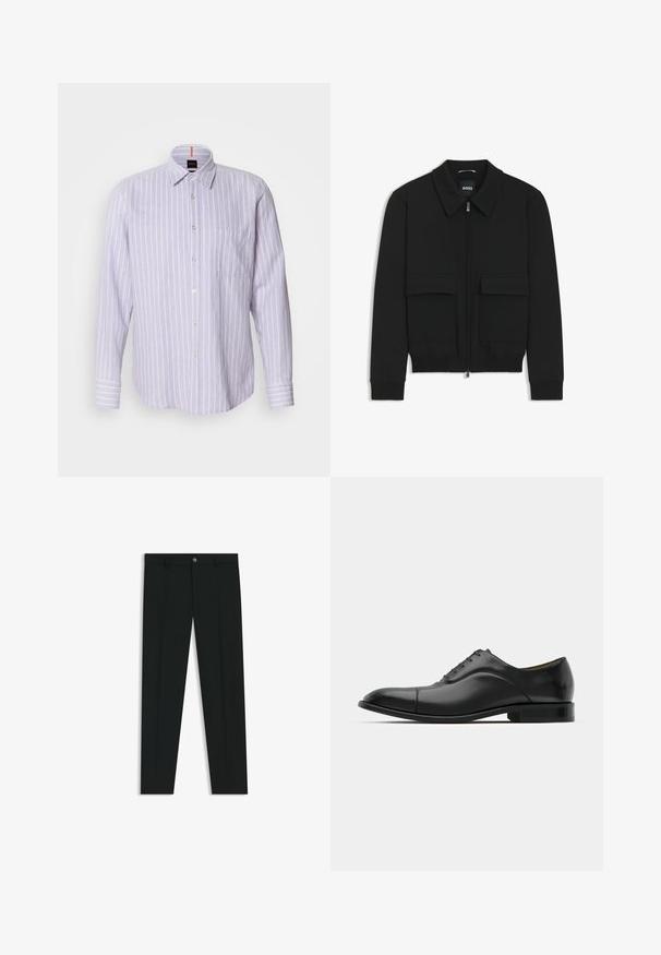 Zwarte bomberjack met een kraag, rits aan de voorkant en twee grote klepzakken. Heeft geribde manchetten en onderrand, gemaakt van textuurstof.; Lichtpaars gestreepte shirt met een button-down kraag, lange mouwen en een zak op de linkerborst. Bevat een subtiele logo-detail.; Zwarte dresspants met een recht pasvorm, gemaakt van een gladde stof. Heeft een sluiting met een knoop aan de voorkant en ceintuurlussen. Effen zonder patronen.; Zwarte leren jurk schoen met een gladde textuur, ronde neus en vijf veterogen. Beschikt over een lage gestapelde hak en subtiele naaddetails.